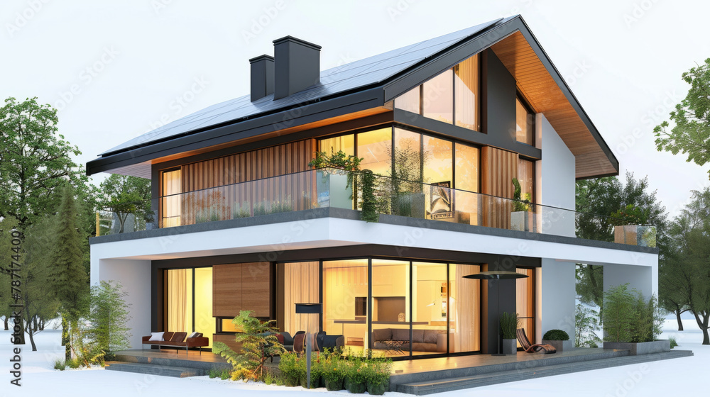 3D model of a modern house with solar panels on roof, showcasing sustainability and innovation in architecture. 3D model of a modern house with solar panels on roof, showcasing sustainability and innovation in architecture.