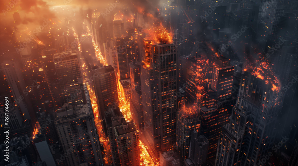 Apocalypse. The big city is on fire. An attack on a megalopolis with high-rise buildings. Military position. There is a lot of smoke and flames.
