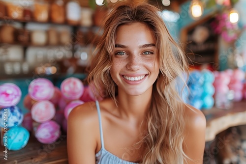 Smiling woman in a candy store