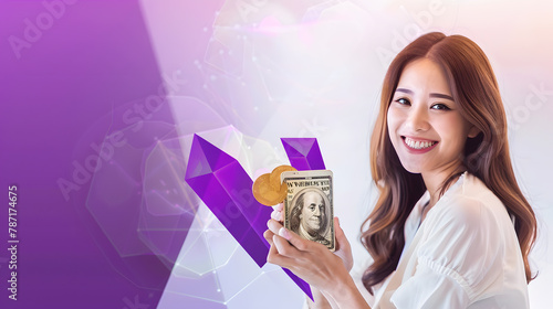 Smiling woman with smartphone gold dollar and yen or yun coins with purple arrow on empty copy space background Concept of forex trading money exchange transaction and transfer : Generative AI photo