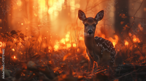 A beautiful young spotted deer stands in the middle of a burning forest. The deer stares at the camera in fright