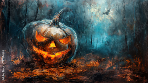 A painting of a pumpkin with a scary face and a bat in the background