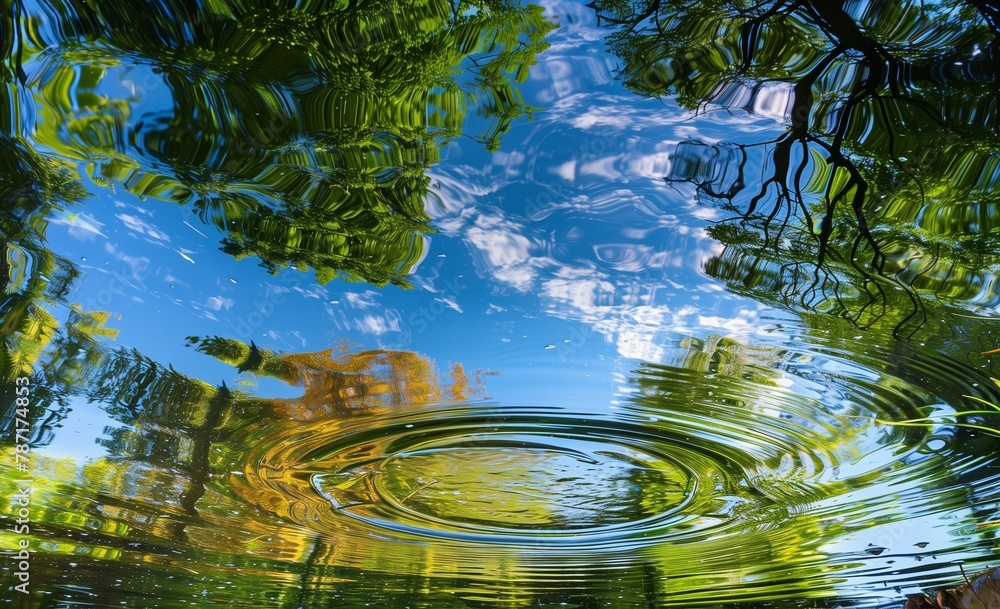 AI generated illustration of a reflection of tree and water ripples in ...