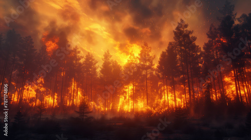 A forest fire is burning in the distance, with the sky in the background being orange. The trees are on fire and the smoke is rising into the sky
