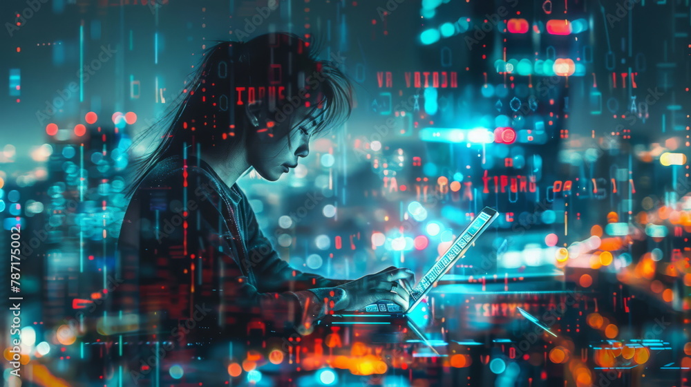 Obraz premium Woman working on laptop in neon glow, perfect for technology and nightlife themes.