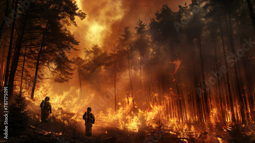 Two firefighters are in the middle of a forest fire. The fire is spreading rapidly and the firefighters are trying to put it out