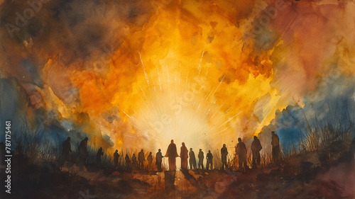 A painting of a group of people standing in front of a fire #787175461