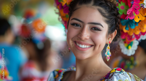 Woman in vibrant traditional Mexican attire smiling. photo