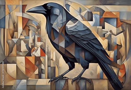 A majestic crow or raven surrounded by abstract objects. Beautiful imagery and wall art for nature blog, rustic home decor, wicka shop, or rural general store. photo