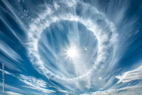 The sky is blue with a large cloud in the center. The sun is shining through the cloud, creating a beautiful and serene atmosphere