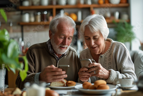 An elderly couple, at breakfast time, iterating with their cell phones, to share messages, photos, memes, videos, etc... Use of technology in older people. Silver economy and digital divide.