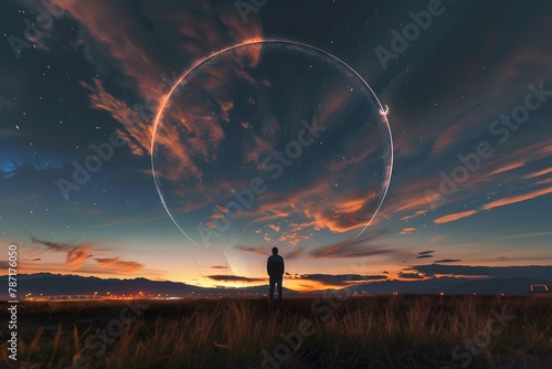 A man stands in a field at sunset, looking up at the sky. The sky is filled with stars and the sun is setting, creating a beautiful and serene atmosphere