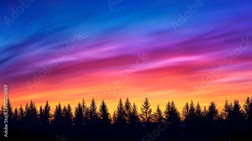 Aurora and sunrise. Most of the screen is the sky  below is the forest  Abstract and minimalist photography art