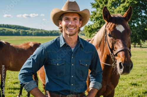 Portrait happy young male rancher with horse in sunny rural pasture