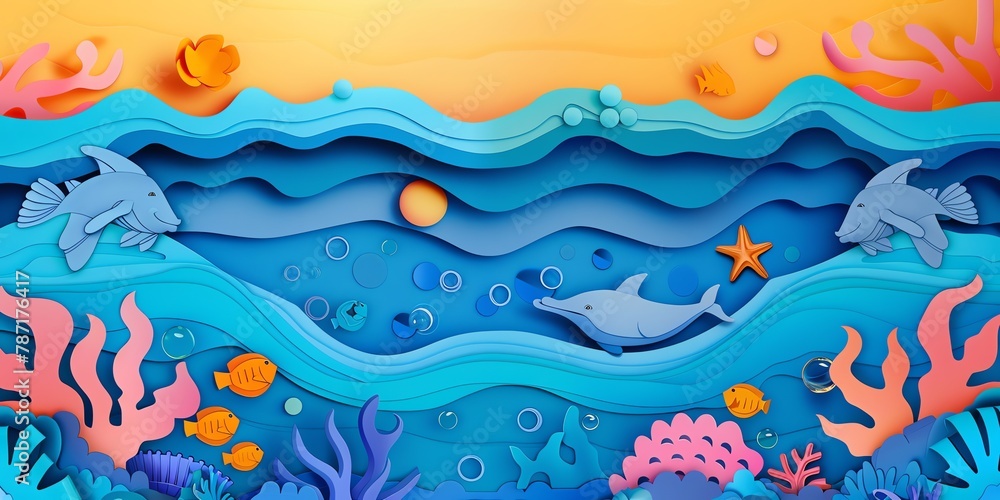 A paper art background world ocean day, banner, colorfull, negative space, aspect ratio 2:1
