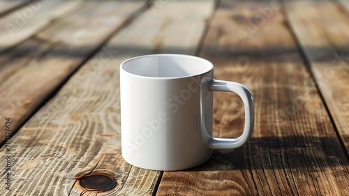 Blank white mug on wooden table. Mug mockup template.