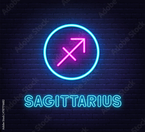 Neon Sagittarius Sign on brick wall background.