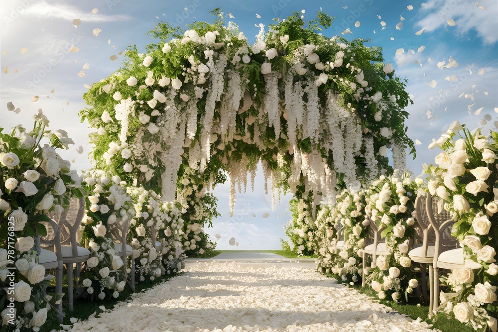 Outdoor wedding setup. A floral arch stands prominently in the center, adorned with white roses and green foliage. Petals are seen floating in the air, creating a dreamy ambiance.