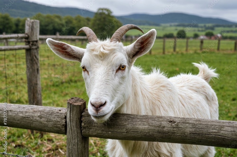 White goat sticking her head through a fence on a farm White goat sticking her head through a fence on a farm
