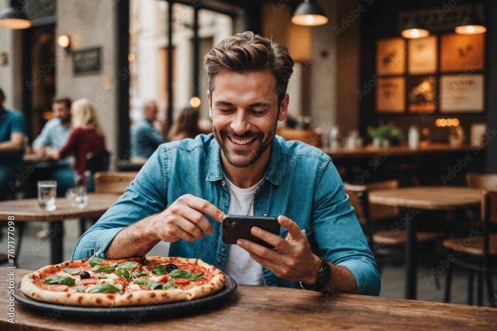 Happy Man taking pictures of a pizza with his phone