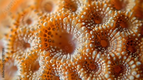 A closeup view of a single fungal spore its smooth surface covered in tiny bumps and ridges. The spore is surrounded by a ring of