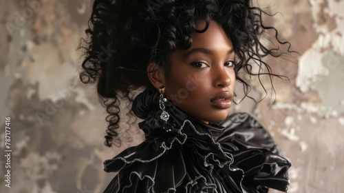 A portrait of a black woman captures the essence of Baroque drama with cascading curls and a ruffled collar that frames her face. The addition of contemporary statement earrings adds .