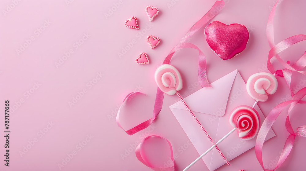 Valentines vertical greeting card with gift love letter blank pink lollipops hearts on pink background View from above Copy space : Generative AI