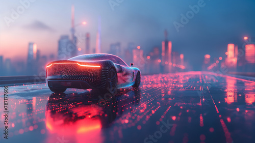 A futuristic car is driving down a city street at night