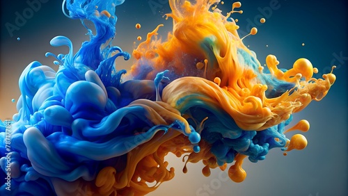 Blue and Orange Liquids Merge in High-Quality 3D Digital Art, Creating Mesmerizing Textured Visuals. photo
