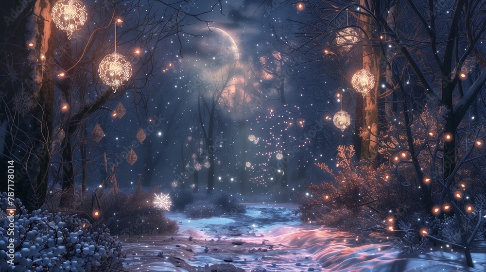 Beneath a canopy of starlit sky, a secluded forest path winds its way through a winter wonderland, illuminated by the gentle shimmer of freshly fallen snow.