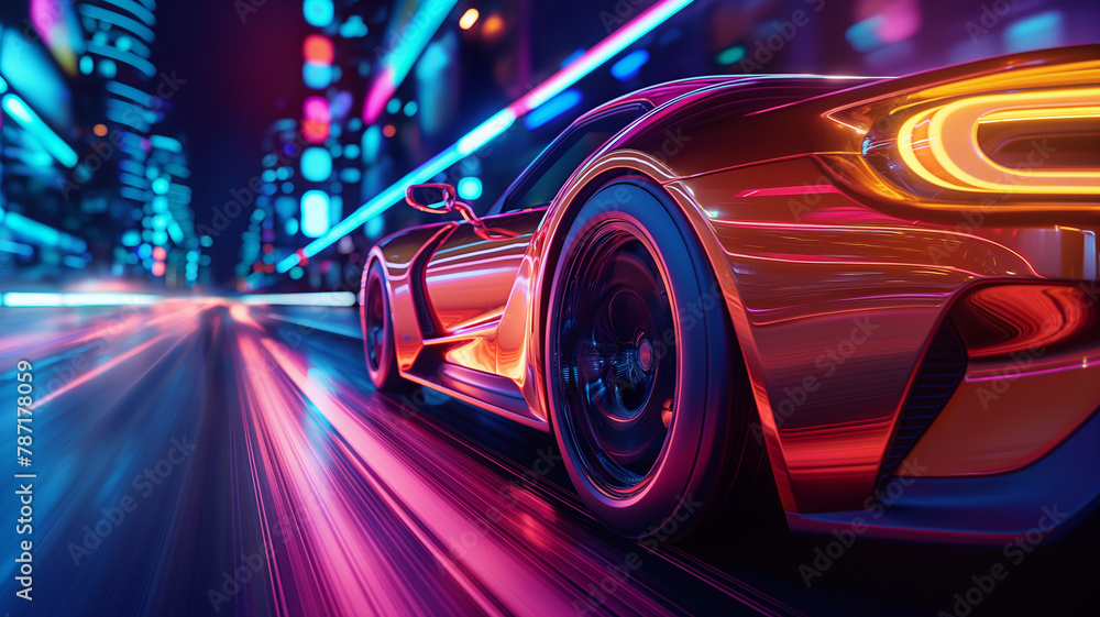 A car is driving down a street with neon lights in the background A car is driving down a street with neon lights in the background