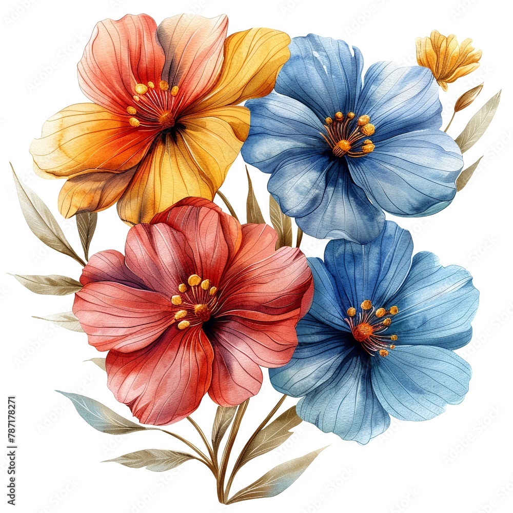 beautiful flowers in watercolor style on white background