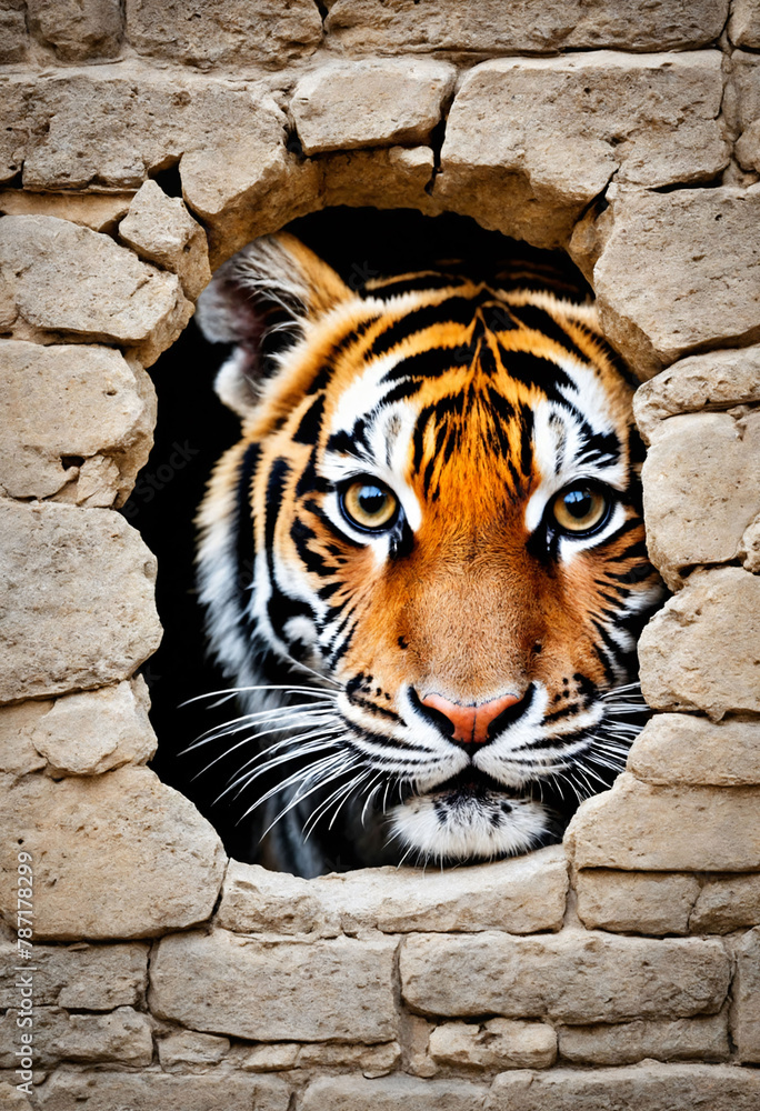 Close up view picture of the hollow hole on the the wall that show a tiger cub stay inside the wall Close up view picture of the hollow hole on the the wall that show a tiger cub stay inside the wall
