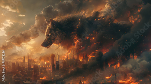 Mystical Scandinavian beast wolf Fenrir destroying modern city. Fenrir starts Ragnarok, fire, and smoke clouds. North Mythology background, Generative AI photo