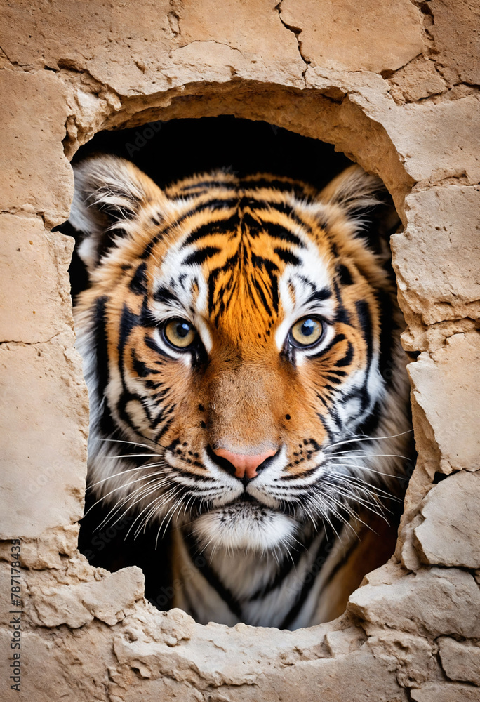 Close up view picture of the hollow hole on the the wall that show a tiger cub stay inside the wall Close up view picture of the hollow hole on the the wall that show a tiger cub stay inside the wall