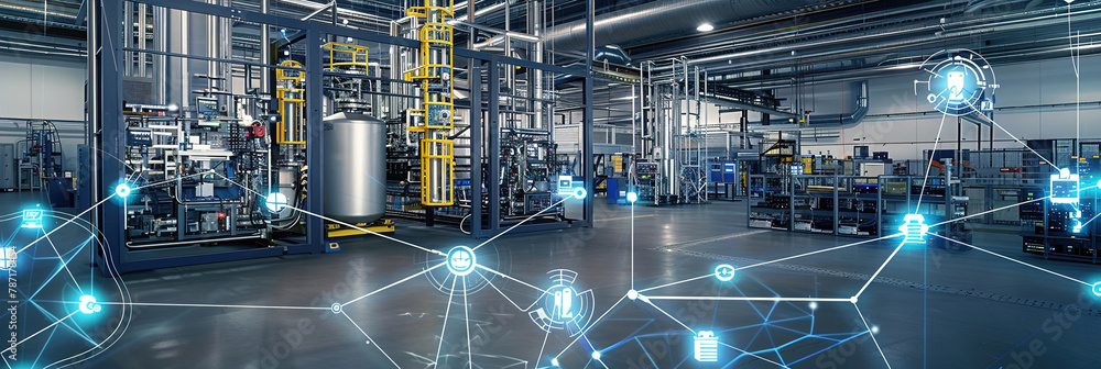 An industrial IoT setting with sensors and machinery networked for automated monitoring and production optimization.