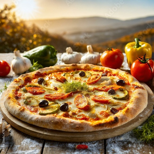 Pyszna, wegetariańska pizza leżąca na stole, na zewnątrz. W tle widać górski krajobraz photo