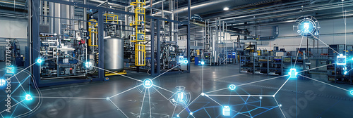 An industrial IoT setting with sensors and machinery networked for automated monitoring and production optimization.