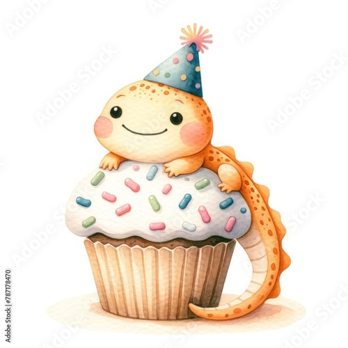 cute salamander birthday cupcake watercolor clipart