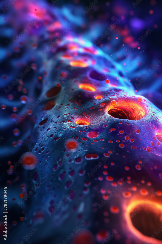 A colorful, abstract image of a cell with many small holes A colorful, abstract image of a cell with many small holes