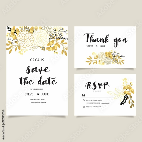 White Wedding Card With Golden Flowers Collection