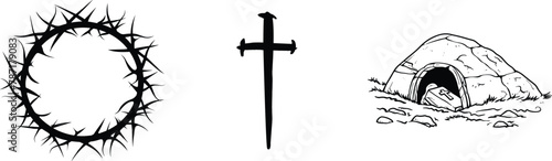 Set of cross, crown of thorns and cave, vector illustration.