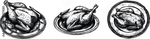 Set of cooked chicken on the plate, vector illustration.