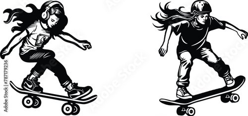 Set of girl on a skateboard, vector illustration.