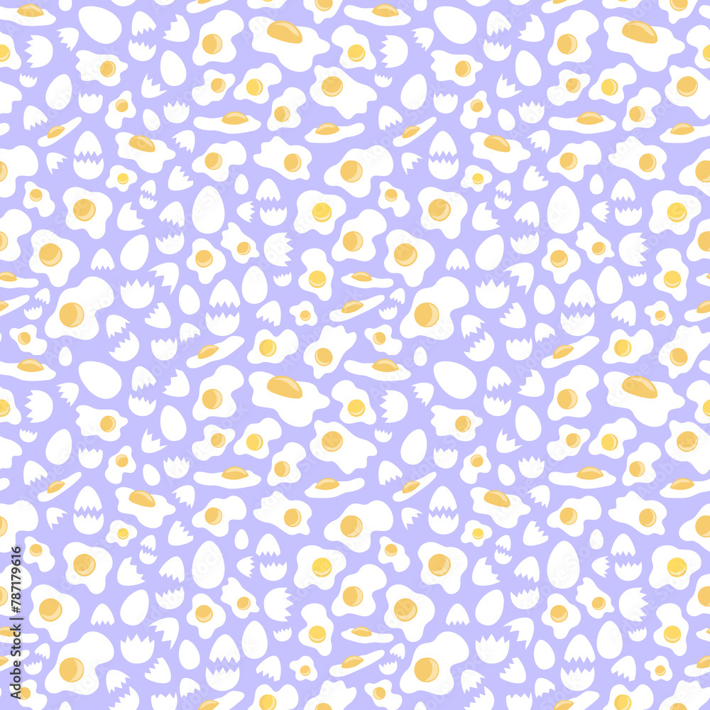 Fried eggs and cracked shells arranged on violet backdrop in seamless pattern. Complementary colored breakfast surface art for printing on various materials or use in graphic design projects. Fried eggs and cracked shells arranged on violet backdrop in seamless pattern. Complementary colored breakfast surface art for printing on various materials or use in graphic design projects.