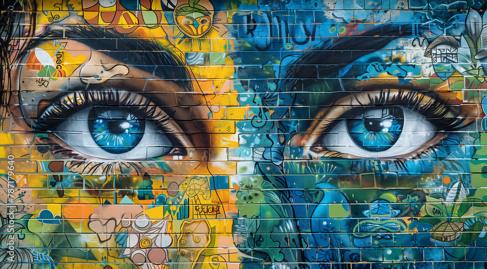 Tired female eyes close up portrait as graffiti mural wall painted in yellow and blue Ukrainian flag colors with art object details. Masterpiece symbolizing of courage. resilience of Ukraine's people