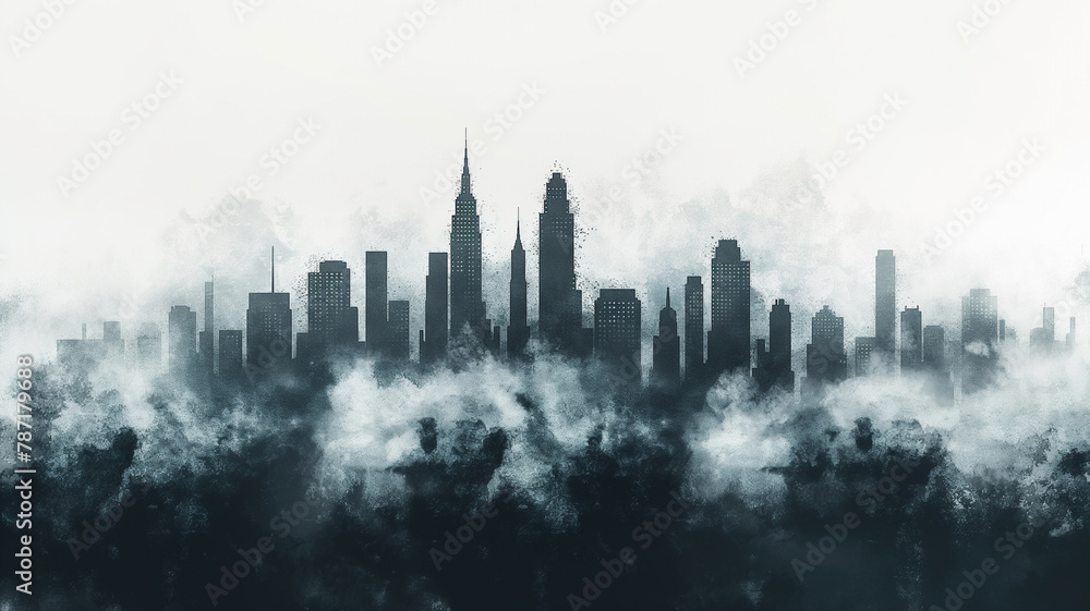 A city skyline is shown in a foggy, hazy atmosphere