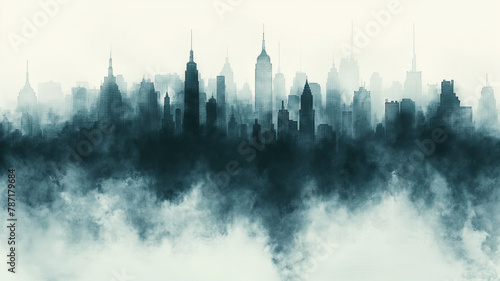 A city skyline is blurred in the fog