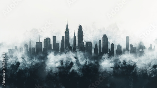 A city skyline is shown in a foggy  hazy atmosphere