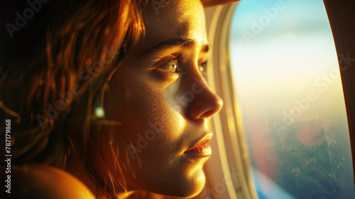 the girl looking out of the plane window 